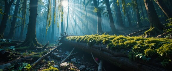 Sunbeams Illuminate Mossy Forest Floor Fallen Log Mystical Atmosphere Tranquil Nature Scene