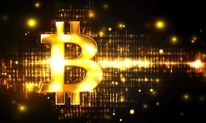 Golden Bitcoin symbol, digital code background, finance, cryptocurrency investment