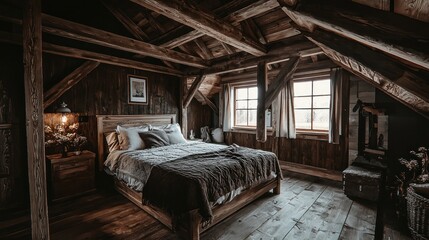Cozy wooden bedroom with rustic design and natural lighting