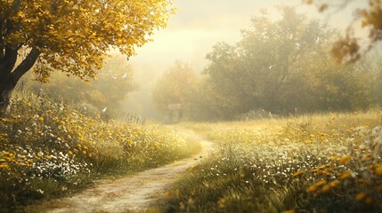 Obraz premium Misty Autumn Path Through Golden Meadow