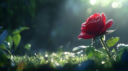 A romantic scene of a single red rose with dew drops on its petals, glistening in the sunlight