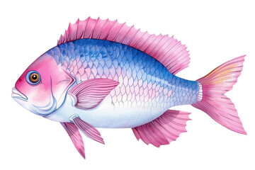 A colorful fish with pink and blue scales, prominent fins, and a distinct shape, showcasing vibrant hues and intricate patterns.