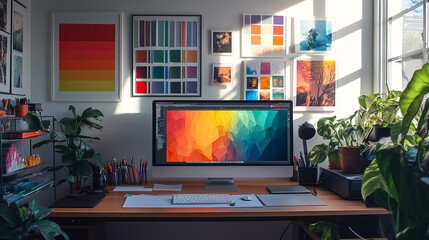 Bright and Creative Workspace with Dual Monitors, Colorful Color Swatch Artwork, and Natural Light
