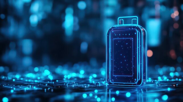 Futuristic suitcase, digital city background, travel concept