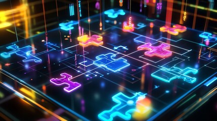 Abstract Neon Puzzle Pieces Digital Art Futuristic Technology Background Colorful Glowing Puzzle Solution Innovation Network Connection Bright Vivid  