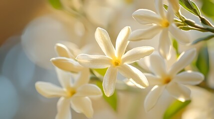 Obraz premium A close-up of a bright, fragrant jasmine flower with its petals delicately unfurling