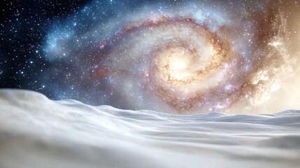 Stunning view of a spiral galaxy in space with a white surface foreground, showcasing cosmic beauty and mystery.