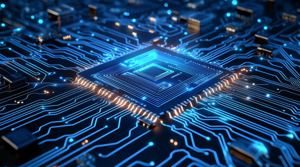 Futuristic circuit board texture with neon blue glowing lines on a dark high-tech background, evoking digital innovation