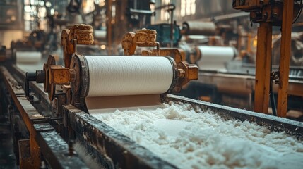Vintage Textile Factory Interior with Cotton Spinning Machine
