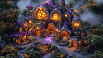 Obraz premium Enchanted Stone Village with Glowing Windows and Purple Flowers at Twilight