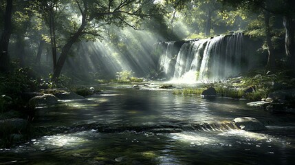 Sunlit Stream in Autumn Forest