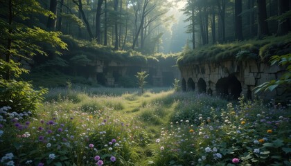 Enchanting Sunlit Meadow Wildflowers Blooming Amidst Ancient Stone Ruins in a Lush Forest