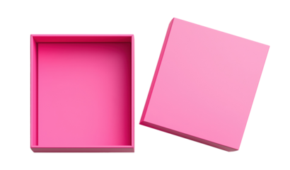 Opened empty pink box with lid isolated on transparent background, top view