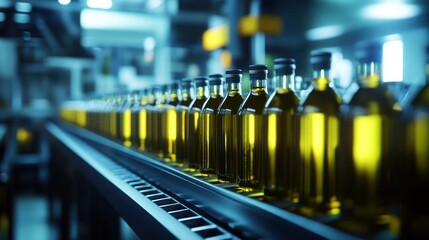 Olive oil bottles on conveyor belt.