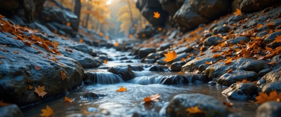 Serene Autumn Stream Flowing Over Rocks with Falling Leaves Peaceful Nature Scene