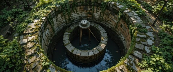 Ancient Stone Well Surrounded by Lush Greenery Aerial View Overgrown Brick Well Summer Day