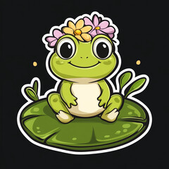 Obraz premium Charming Frog Perched on a Serene Lily Pad Adorned with a Beautiful Flower Crown Capturing the Essence of Nature's Beauty and Whimsy in a Tranquil Pond Setting