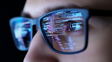 A close-up of a man&rsquo;s intense gaze, glasses reflecting digital code. Dark background with glowing text, symbolizing tech expertise and innovation."