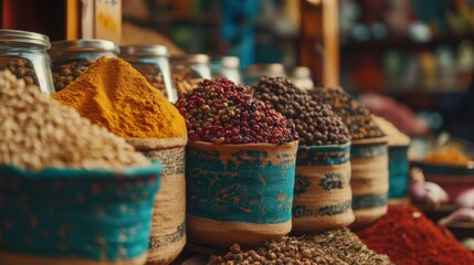 Colorful Spices in Jars at Vibrant Market Stall Displaying Variety