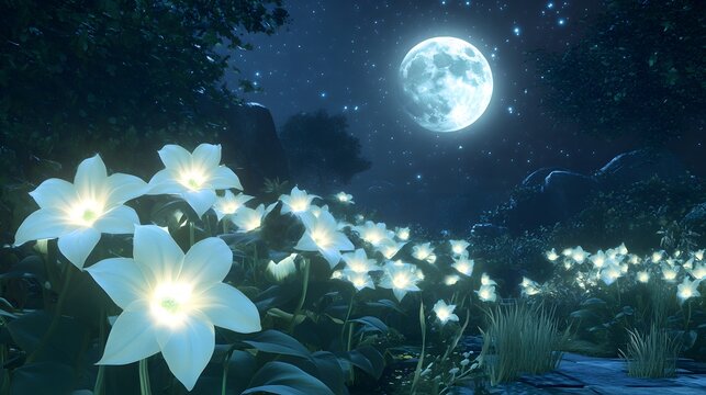 A dreamy scene of glowing moonflowers under a full moon in a quiet garden