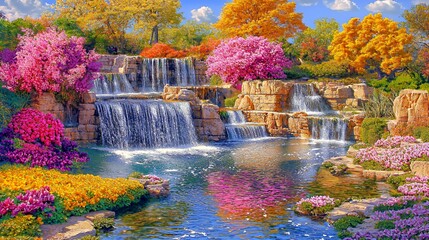 Vibrant Waterfall in a Colorful Garden