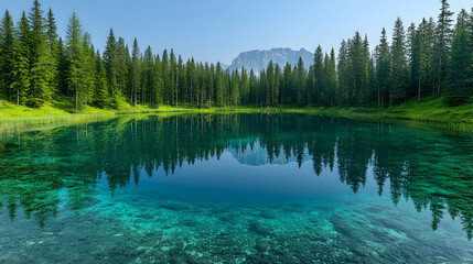 Obraz premium Crystal-clear Alpine Lake, Misty Mountains, Pine Forest