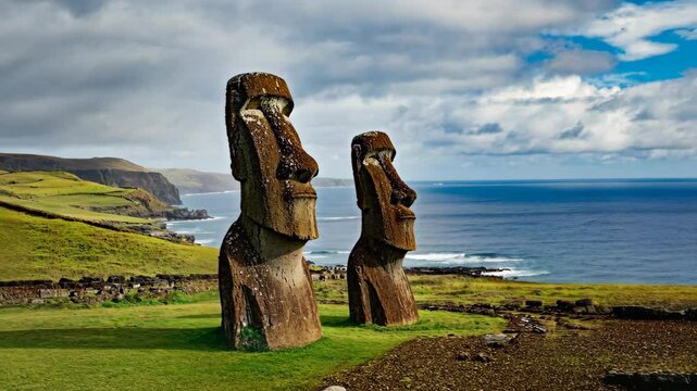 Moai statues stand tall against the backdrop of the ocean on Easter Island in bright daylight