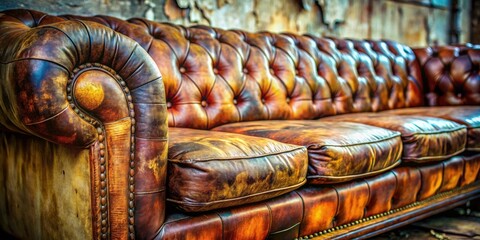 Fototapeta premium Rustic Charm of an Old Leather Sofa - Weathered Textures, Vintage Aesthetic, Cozy Living Room Decor, Close-Up Details of Furniture, Interior Design Inspiration, Home Style, Nostalgic Vibes