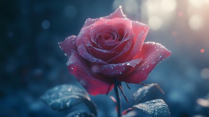 Close-up of a dew-covered rose with soft petals and a delicate glow in the morning light
