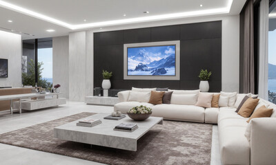 Futuristic living room in moonlight silver, featuring AI-powered furniture that adjusts position for maximum comfort, and interactive walls that display