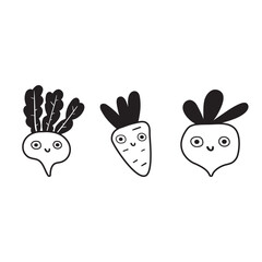 Cute vegetables. vector isolated icons on white background. Cute vegetable cartoon coloring page.