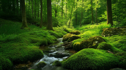 Obraz premium A gentle stream flowing among moss-covered rocks and lush greenery