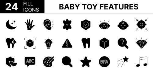 Collection of 24 Baby toy features fill icons featuring editable strokes. These outline icons depict various modes of Baby toy features, icon, children, toy, , tactile, development, skill, coordinatio