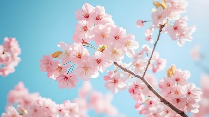 Obraz premium A soft pink cherry blossom tree in full bloom against a clear blue sky