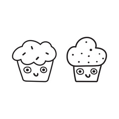 Two cute muffins. Dessert characters. Outline icon vector. Isolated contour symbol black illustration