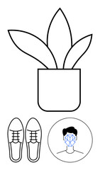 Potted plant with leaves, shoes, and facial recognition outline in clean line design. Ideal for technology, biometrics, nature, fashion, identity, simplicity abstract line flat metaphor
