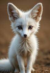 Obraz premium Adorable White Fox with Big Ears Sitting on Brown Ground