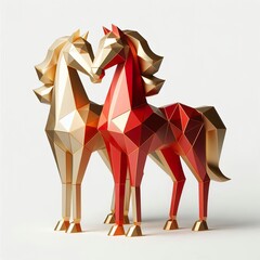 3d Geometric metallic gold red couple Horse Vector Illustration artwork on a white background