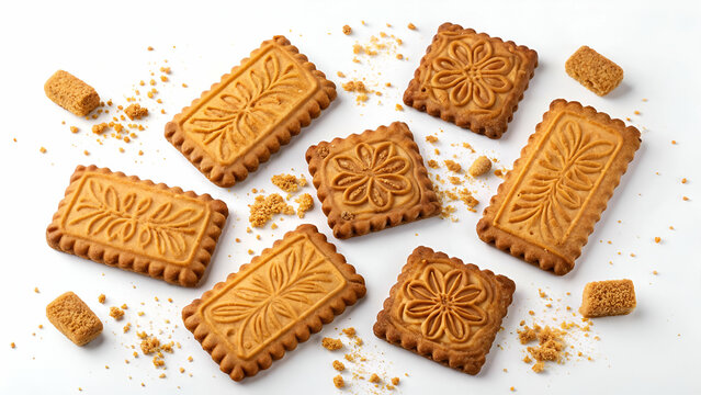 Crunchy and spiced speculoos biscuits with a caramelized texture, beautifully displayed on a white background for bakery marketing.