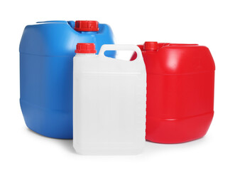 Many different plastic canisters isolated on white