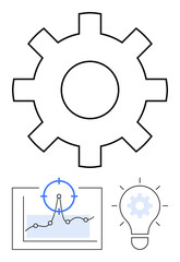 Gear symbol with a graph and a highlighted data point, alongside a light bulb concept. Ideal for engineering, data analysis, innovation, brainstorming, planning, research, abstract line flat metaphor