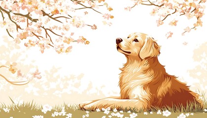 Golden Retriever, Spring Garden,  Watching Blossoms,  Pet Portrait