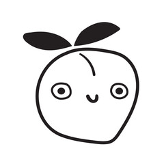 Funny peach. Fruit. Cute smiling character. Outline illustration on white background.