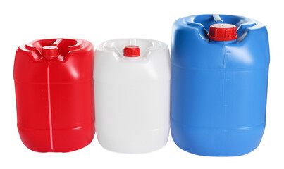 Three colorful plastic canisters isolated on white
