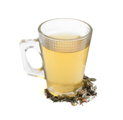 Delicious herbal tea and dry leaves isolated on white