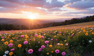 Obraz premium Rolling hills covered in wildflowers at golden hour for spring and inspirational themes. A series of gently rolling hills blanketed with colorful wildflowers
