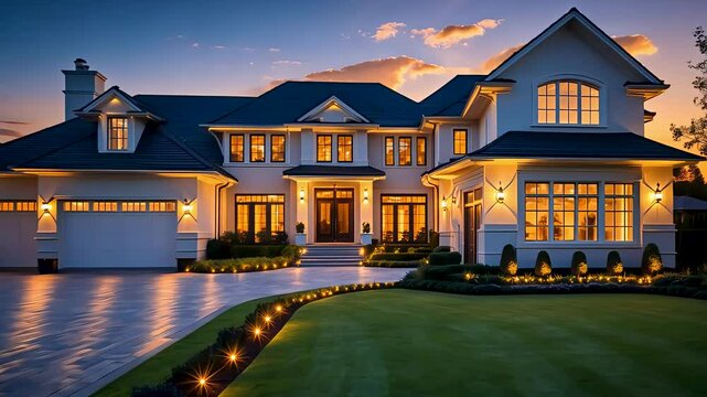 Elegant two-story suburban mansion with a well-lit entrance and a large front yard at dusk
