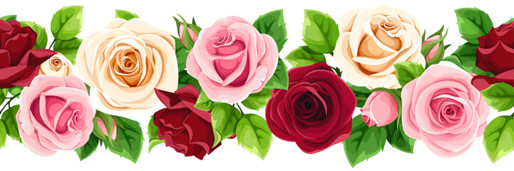 Naklejka premium Horizontal seamless border with red, pink, and white roses and green leaves. Vector seamless garland