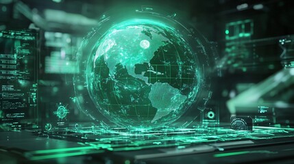 Global Network Futuristic Holographic Earth on Digital Interface