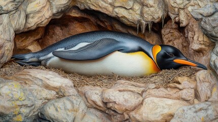 King Penguin Resting In Rocky Nest
